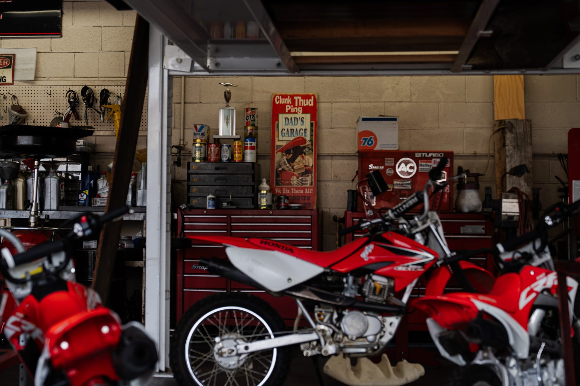 Garage bay with dirt bikes