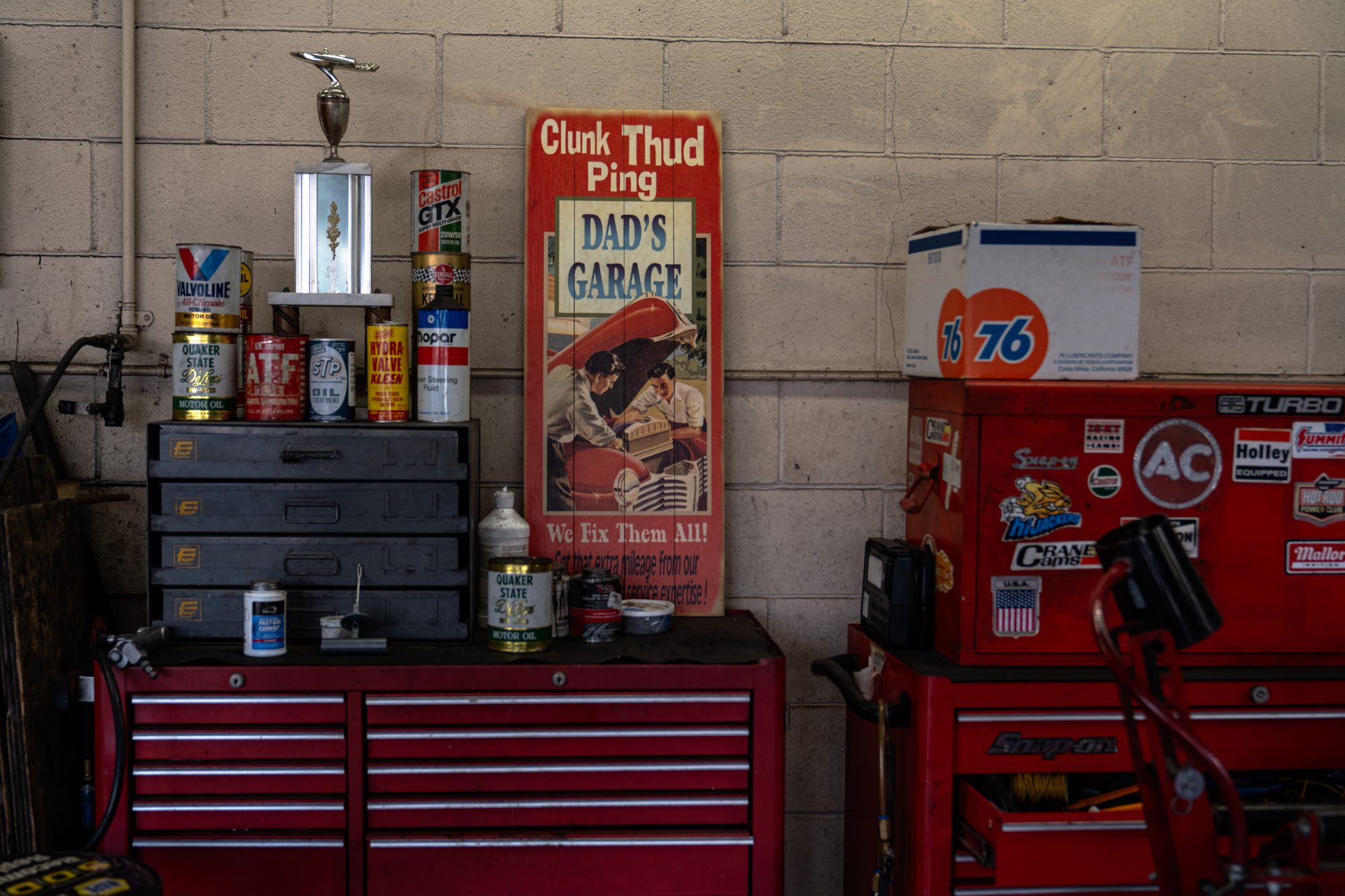 Vintage garage workbench with memorabilia